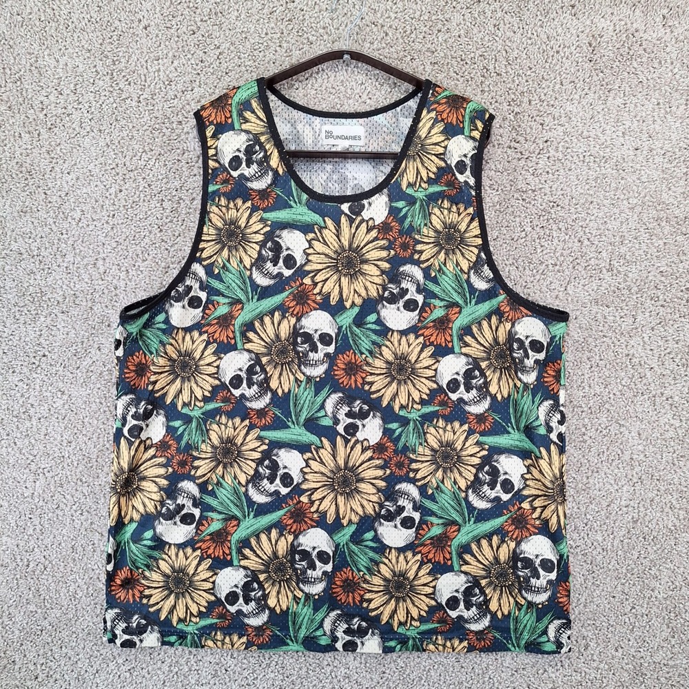 No Boundaries Tank Top Womens 2XL Blue Skull Sunflower Mesh Jersey Goth Edgy